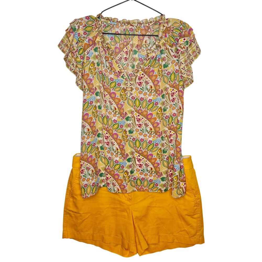 2pc Outfit J.Crew 12 Yellow Cotton Shorts & floral poly top C58